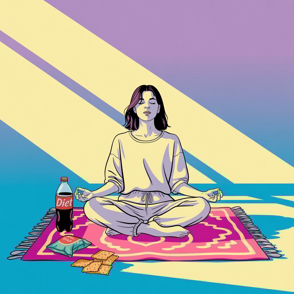 a woman meditating with diet soda in the background