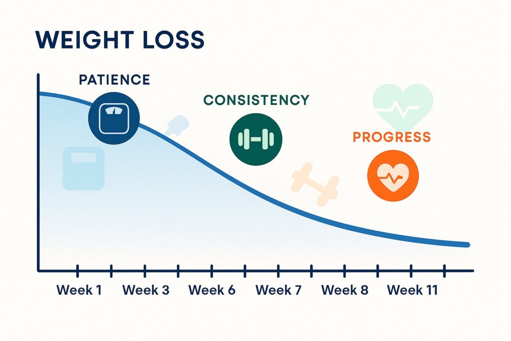 Timeline showing gradual weight loss over 8-12 weeks, encouraging patience and consistency