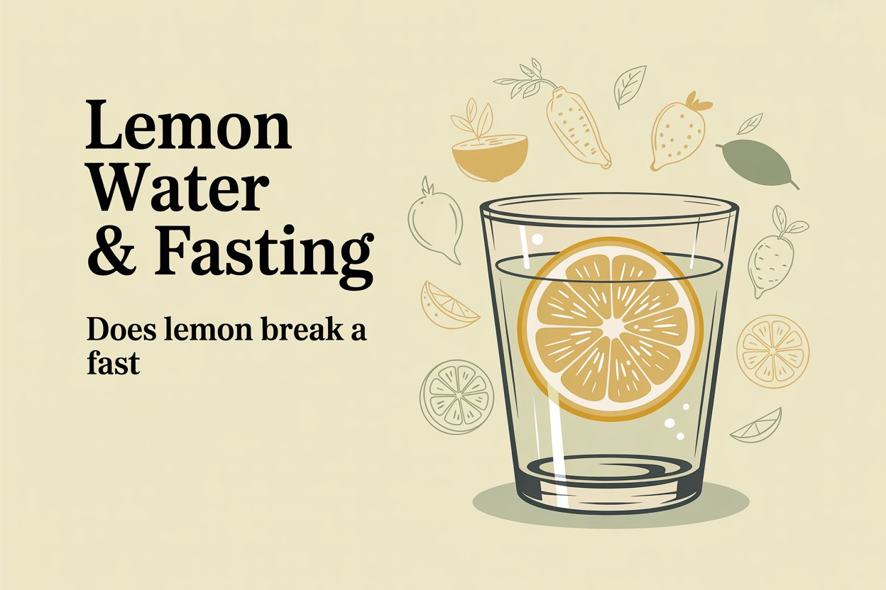 A clean and modern infographic poster focused on the question "Does Lemon Water Break a Fast". A single, translucent lemon slice rests in a clear glass of water