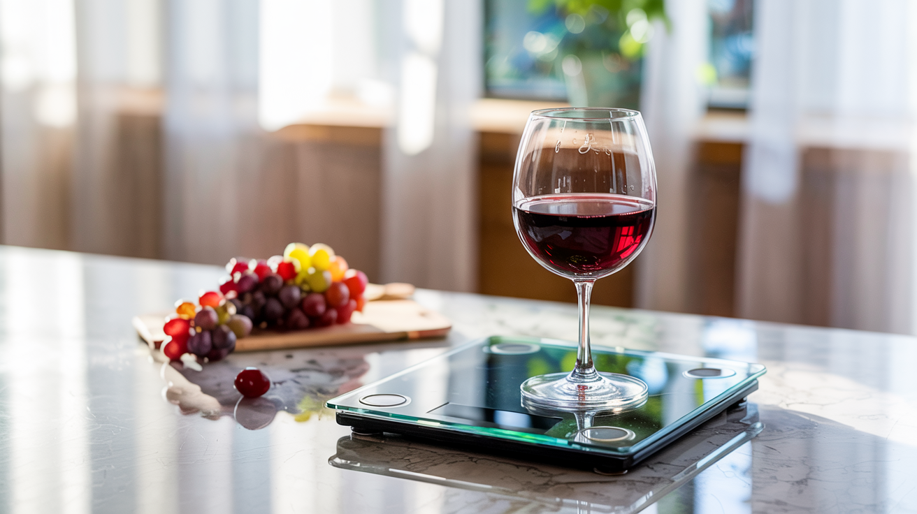 A glass of red wine sitting on a kitchen scale beside a bunch of grapes, suggesting the balance between alcohol and health goals during intermittent fasting