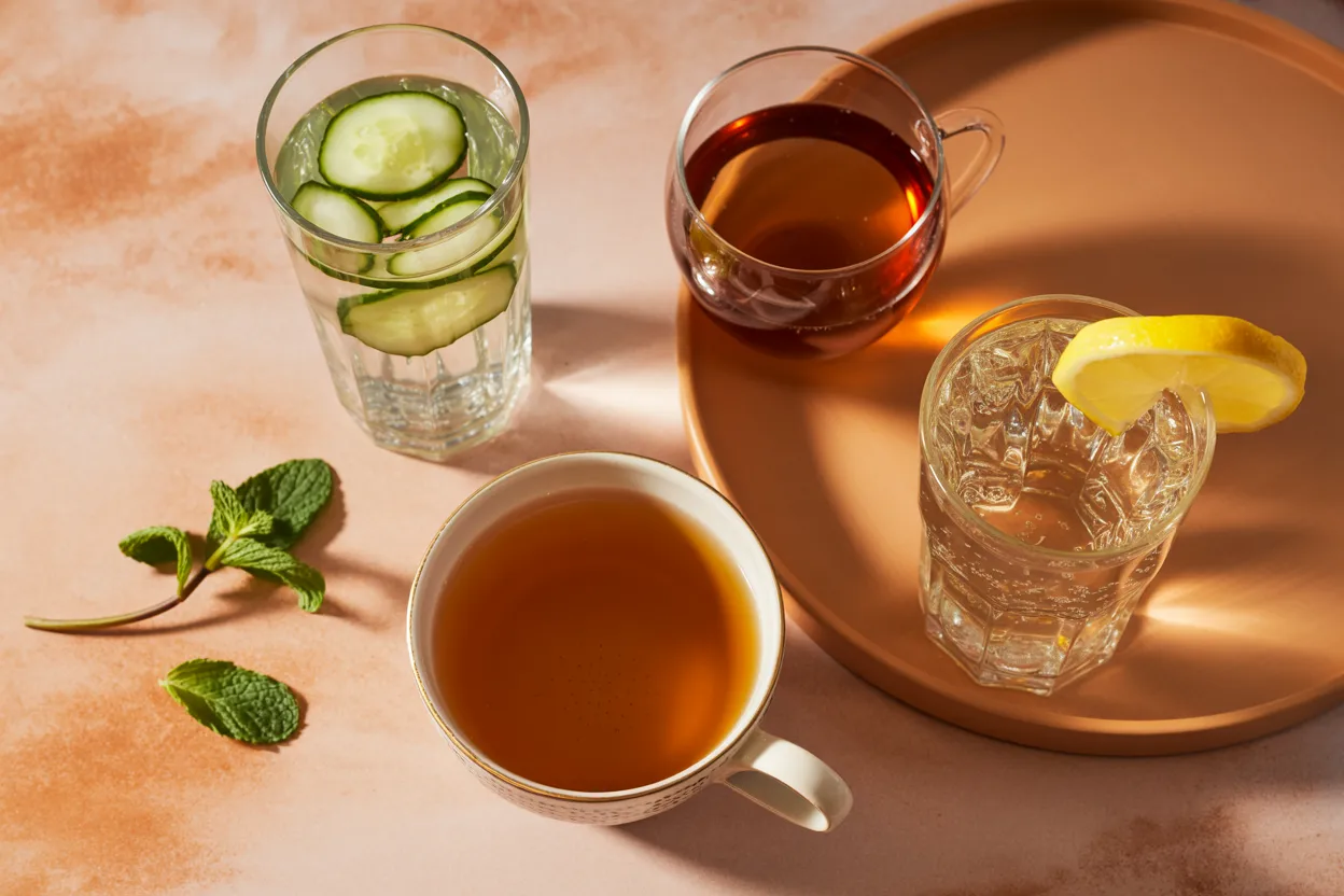Four fasting-friendly drinks arranged on a warm terracotta surface — cucumber water, black tea, herbal tea, and lemon water with ice, with fresh mint sprigs, soft directional sunlight