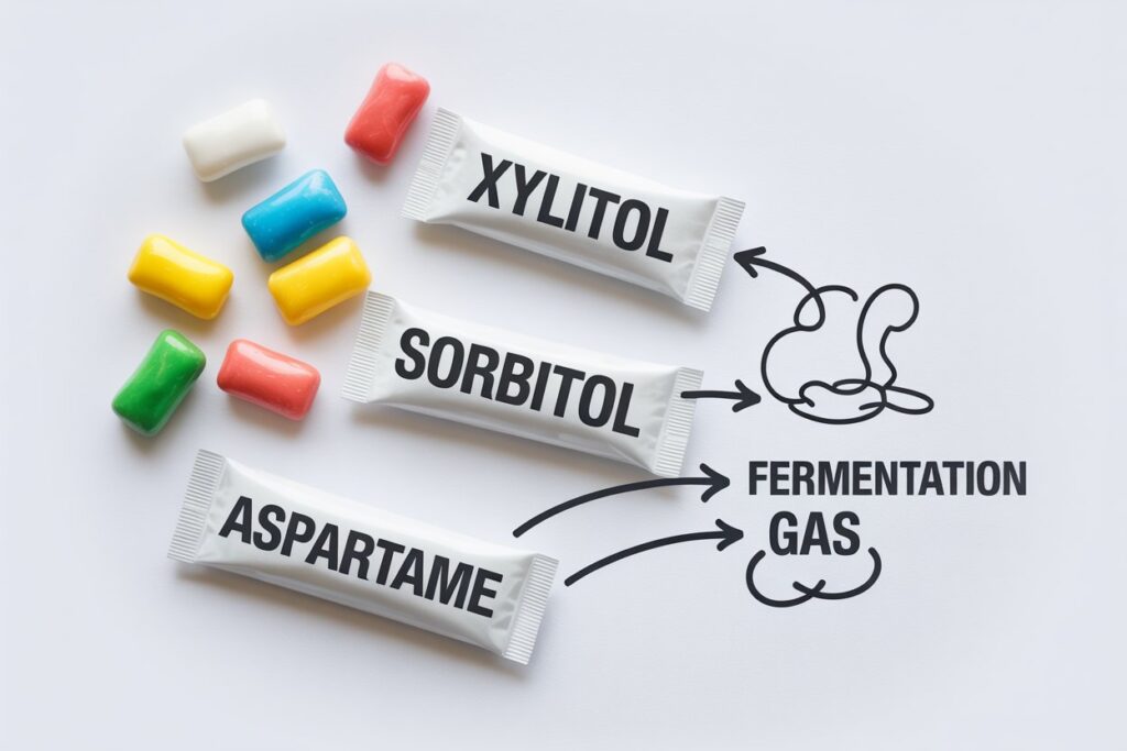 A clean, minimalist infographic-style flat-lay photograph featuring colorful chewing gum pieces arranged alongside white sugar packets. The packets are clearly labeled with "xylitol," "sorbitol," and "aspartame". Simple black arrows point from the sweetener packets toward illustrated icons representing "fermentation" and "gas," creating a clear visual flow that explains the digestive process.