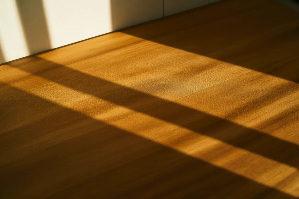 Warm morning sunlight casting long window shadows across a bare oak countertop, suggesting the passage of time during an intermittent fasting window