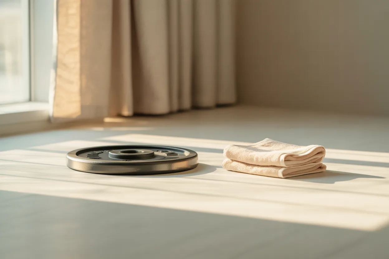 A weight plate and folded towel on a white surface with morning light, representing fasted training and exercise during intermittent fasting