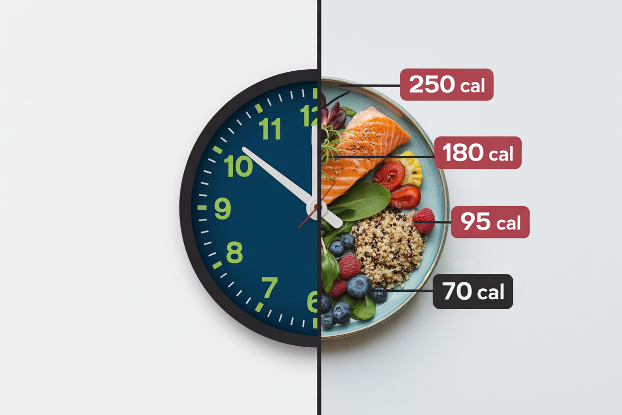 a clock and a serving of food labeled with calorie count