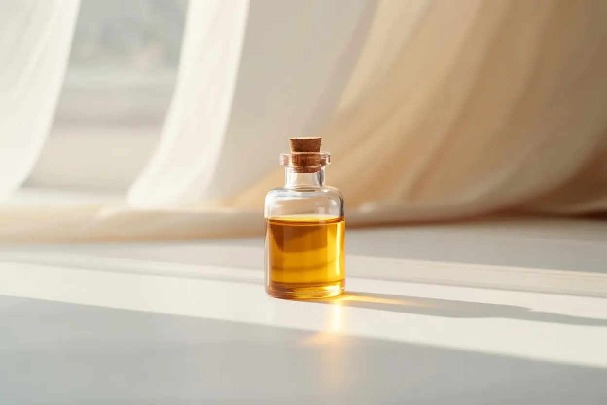 A small glass bottle of golden MCT oil on a white surface, representing the question of whether MCT oil breaks an intermittent fast