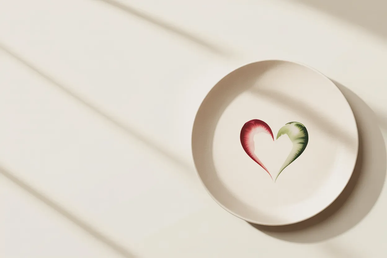 A white plate with a small watercolor heart shape in red and green, representing cardiovascular health in the context of intermittent fasting and cholesterol