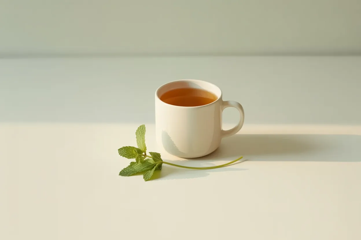A calming cup of herbal tea with mint on a light surface, representing gentle digestion in the context of intermittent fasting and GERD management