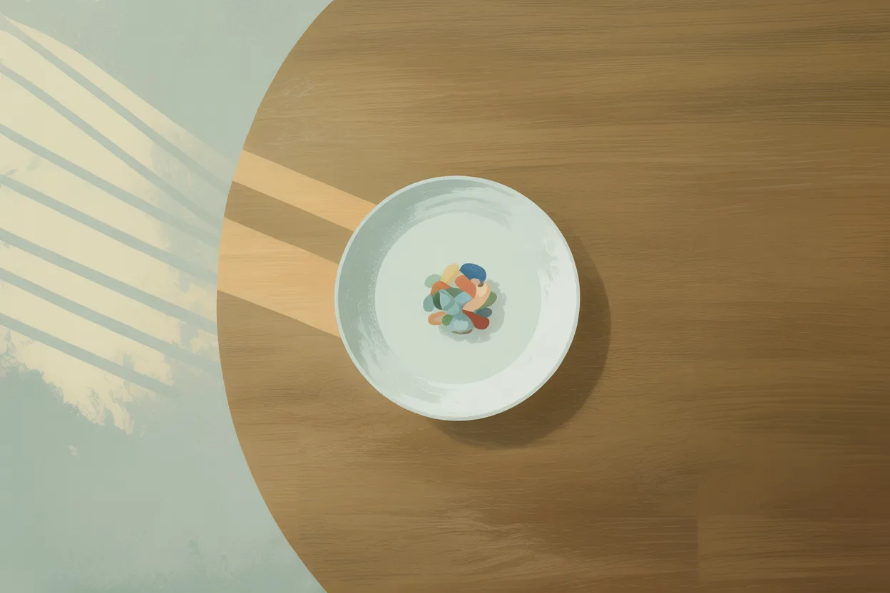 An empty plate with small colorful organic shapes in the center, representing gut microbes during an intermittent fast