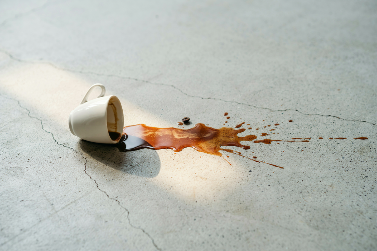 a cup of espresso fell over causing the drink to spill on a surface